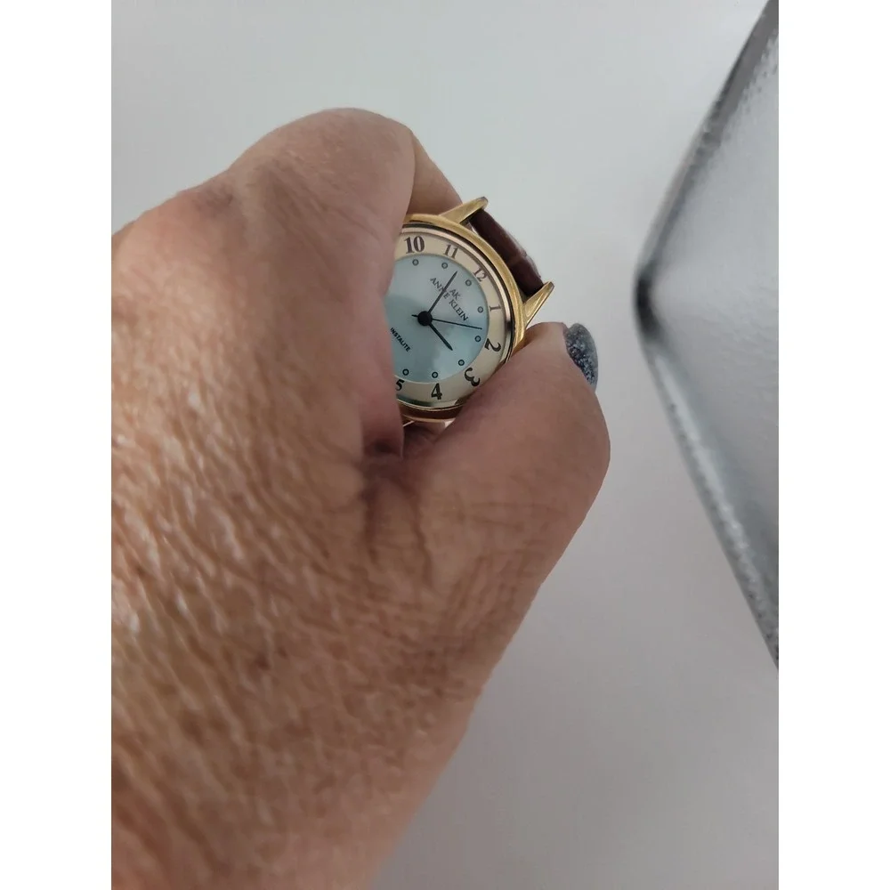 Vintage Anne Klein AK Instalite Quartz Watch Gold Tone‎ White Dial Brown Leather